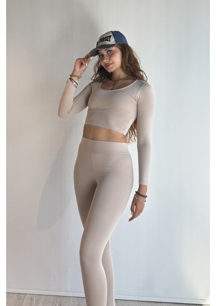 Kadın Uzun Kollu Crop Yüksek Bel Slim Fit Tayt Ikili Takım modelleri