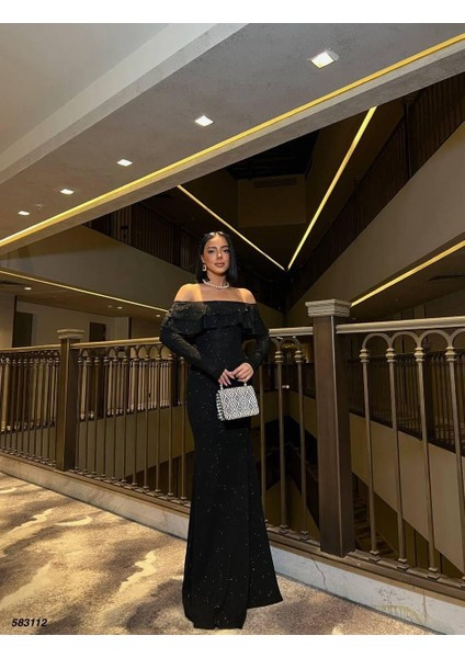 Fkuro Simli Esnek Kumaş Ön Çift Volan Abiye Elbise Siyah 583112