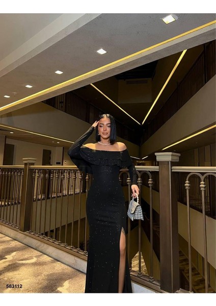 Fkuro Simli Esnek Kumaş Ön Çift Volan Abiye Elbise Siyah 583112 fiyatları