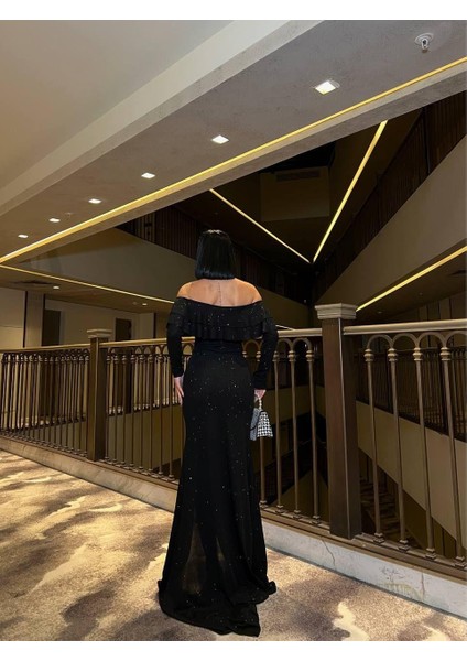 Fkuro Simli Esnek Kumaş Ön Çift Volan Abiye Elbise Siyah 583112 modelleri