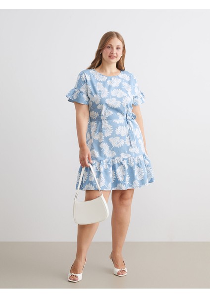 Yeni Sezon Bisiklet Yaka Çiçekli Fırfırlı Jean Elbise fiyatları