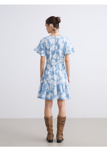 Yeni Sezon Bisiklet Yaka Çiçekli Fırfırlı Jean Elbise indirimleri