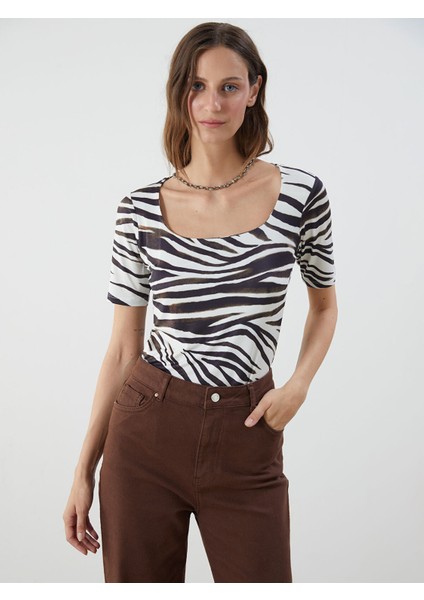 Yeni Sezon U Yaka Zebra Desenli Kadın Body