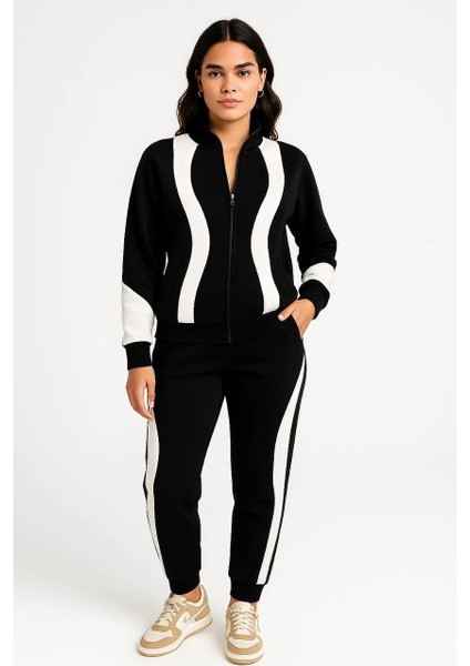 Kadın Premium Parçalı Eşofman Takım - Dik Yaka Fermuarlı Sweatshirt - Siyah modelleri