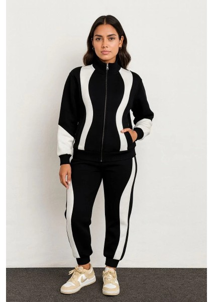 Kadın Premium Parçalı Eşofman Takım - Dik Yaka Fermuarlı Sweatshirt - Siyah fırsatları