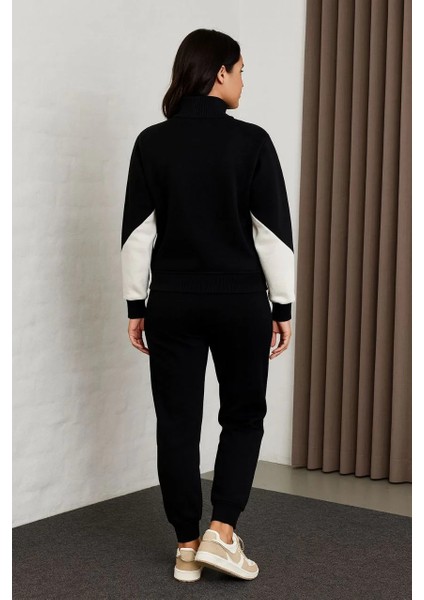 Kadın Premium Parçalı Eşofman Takım - Dik Yaka Fermuarlı Sweatshirt - Siyah indirimleri