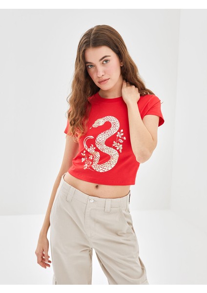 Yeni Sezon Bisiklet Yaka Baskılı Kadın Crop
