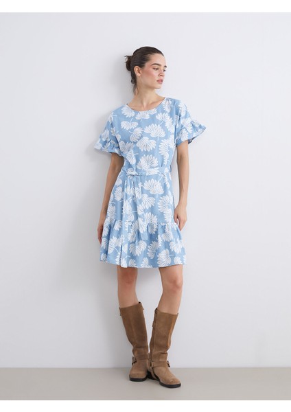 Yeni Sezon Bisiklet Yaka Çiçekli Fırfırlı Jean Elbise