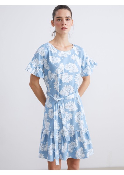 Yeni Sezon Bisiklet Yaka Çiçekli Fırfırlı Jean Elbise modelleri