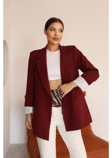 Çizgili Astar Detaylı Oversize Bordo Blazer Ceket