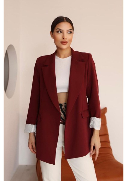 Çizgili Astar Detaylı Oversize Bordo Blazer Ceket fiyatları