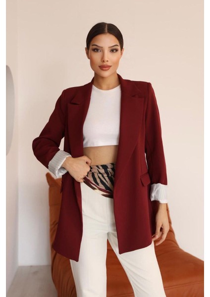 Çizgili Astar Detaylı Oversize Bordo Blazer Ceket modelleri