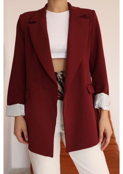 Çizgili Astar Detaylı Oversize Bordo Blazer Ceket fırsatları