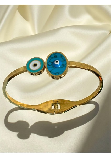 Nazar Boncuklu Kelepçe Koruma Bileklik Çelik Gold Kaplama