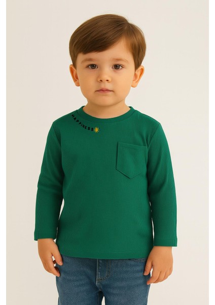 Unisex Çocuk Happiness Nakışlı Cepli Fitilli Kaşkorse Tişört