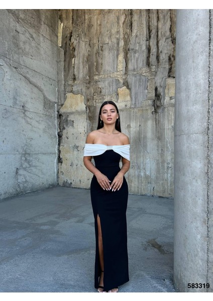 Esnek Krep Kumaş Fiyonk & Taş Detaylı Abiye Elbise 583319 Siyah