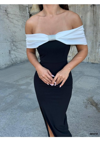 Esnek Krep Kumaş Fiyonk & Taş Detaylı Abiye Elbise 583319 Siyah modelleri