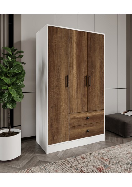 %100 Mdf 3 Kapaklı 2 Çekmeceli 7 Raflı Gardırop Elbise Dolabı – Barok Ceviz-Soft Beyaz 182X105X52 cm Animasyonlu fırsatları