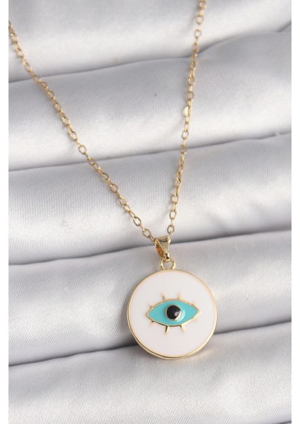 316L Çelik Gold Renk Zincir Beyaz Mineli Turkuaz Göz Işleme Model Kadın Kolye