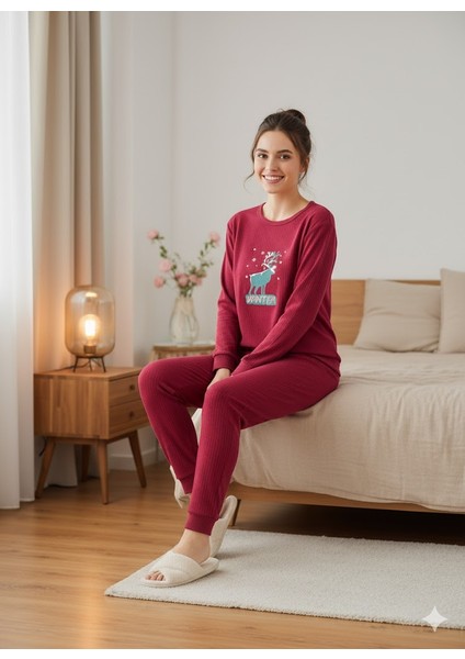 Kadın Geyik Detaylı Bordo Pijama Takımı fırsatları