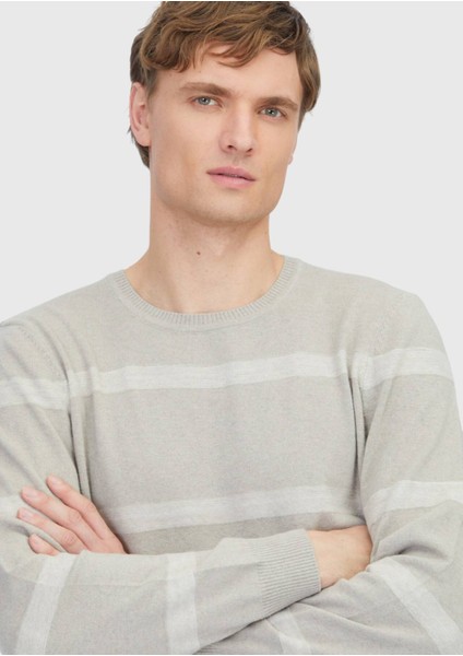 Bej Bisiklet Yaka Çizgili Yün Karışımlı Triko Kazak modelleri