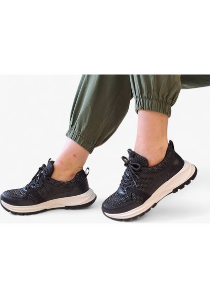 B260914 Tüvit Kumaş Detaylı Siyah Kadın Sneaker Ayakkabı