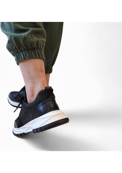 B260914 Tüvit Kumaş Detaylı Siyah Kadın Sneaker Ayakkabı