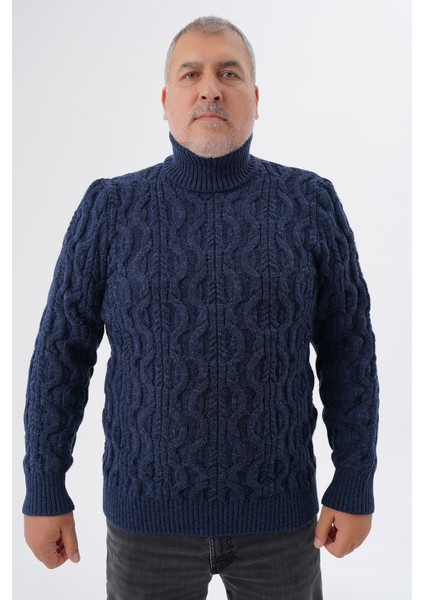 Büyük Beden Erkek Lacivert Balıkçı Saç Örgülü Yün Kazak TRIST-2119