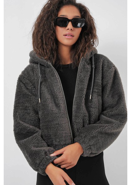 Kapüşonlu Peluş Crop Antrasit Kadın Ceket 5193 fiyatları