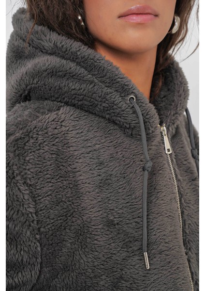 Kapüşonlu Peluş Crop Antrasit Kadın Ceket 5193 fırsatları