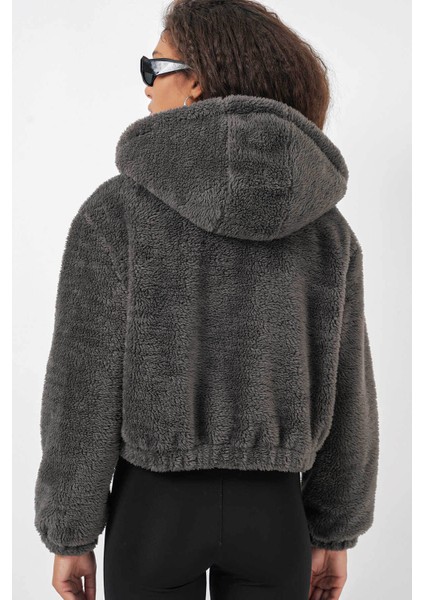 Kapüşonlu Peluş Crop Antrasit Kadın Ceket 5193 indirimleri
