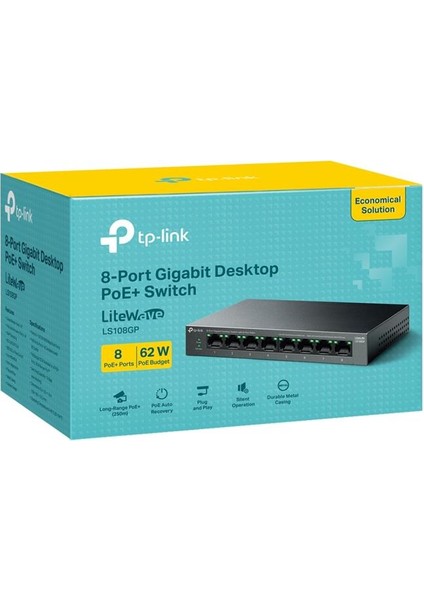 Tp-Lınk LS108GP 8 Port Gıgabıt + RJ45 62W 250 Metre Poe Mesafe Metal Kasa