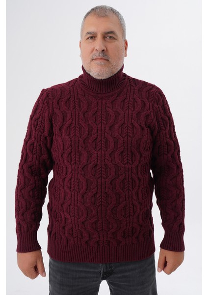 Büyük Beden Erkek Bordo Balıkçı Saç Örgülü Yün Kazak TRIST-2119
