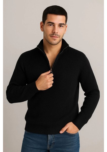 Erkek Yarım Fermuarlı Triko Kazak – Selanik Örgü, Dik Yaka, Pamuklu Dokuma, Regular Fit Uzun Kollu Kışlık Model - Siyah