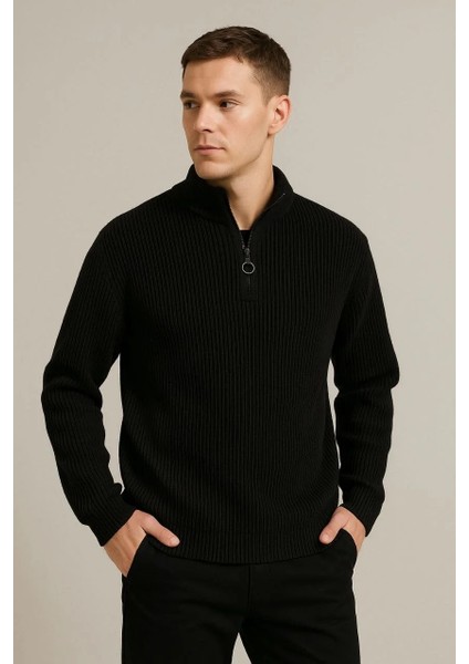 Erkek Yarım Fermuarlı Triko Kazak – Selanik Örgü, Dik Yaka, Pamuklu Dokuma, Regular Fit Uzun Kollu Kışlık Model - Siyah fiyatları