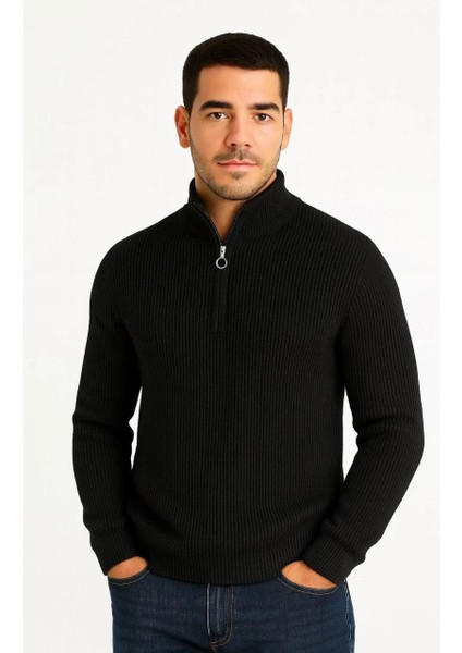 Erkek Yarım Fermuarlı Triko Kazak – Selanik Örgü, Dik Yaka, Pamuklu Dokuma, Regular Fit Uzun Kollu Kışlık Model - Siyah fırsatları