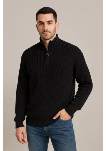 Erkek Yarım Fermuarlı Triko Kazak – Selanik Örgü, Dik Yaka, Pamuklu Dokuma, Regular Fit Uzun Kollu Kışlık Model - Siyah indirimleri