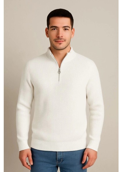 Erkek Yarım Fermuarlı Triko Kazak – Selanik Örgü, Dik Yaka, Pamuklu Dokuma, Regular Fit Uzun Kollu Kışlık Model - Beyaz fiyatları