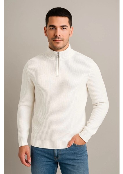 Erkek Yarım Fermuarlı Triko Kazak – Selanik Örgü, Dik Yaka, Pamuklu Dokuma, Regular Fit Uzun Kollu Kışlık Model - Beyaz fırsatları