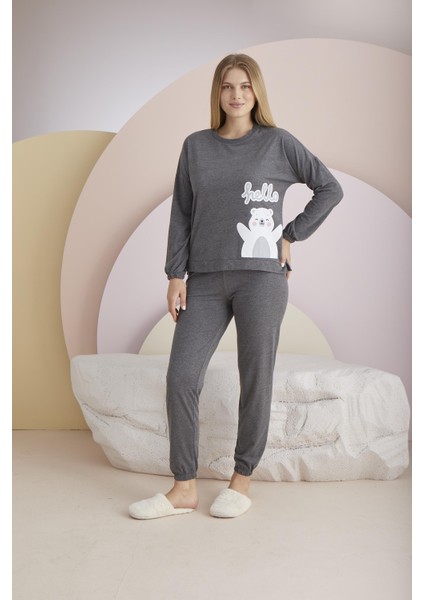 Kadın Antrasit Renk Uzun Kollu Ayıcık Desenli Lastikli Paça Pijama Takımı C4T8N331