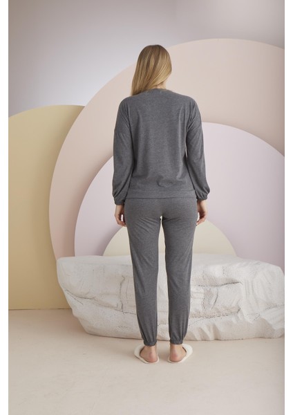 Kadın Antrasit Renk Uzun Kollu Ayıcık Desenli Lastikli Paça Pijama Takımı C4T8N331 fiyatları