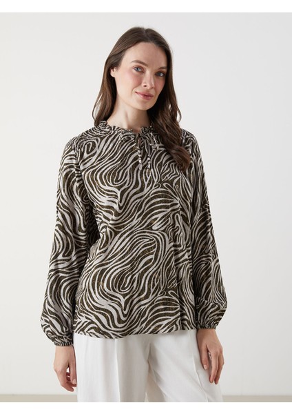 Yeni Sezon Bağlamalı Yaka Desenli Bluz