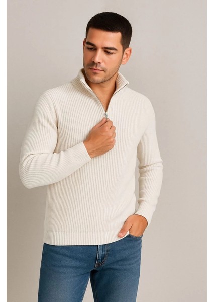 Erkek Yarım Fermuarlı Triko Kazak – Selanik Örgü, Dik Yaka, Pamuklu Dokuma, Regular Fit Uzun Kollu Kışlık Model - Beyaz