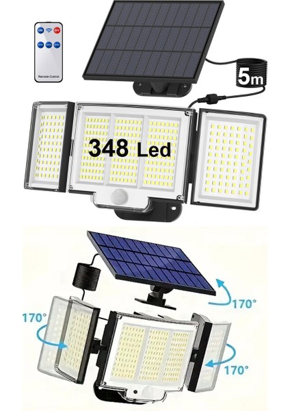 348 Ledli, Güneş Enerjili, Hareket Sensörlü, 3 Taraflı Aydınlatma / GT-SL30