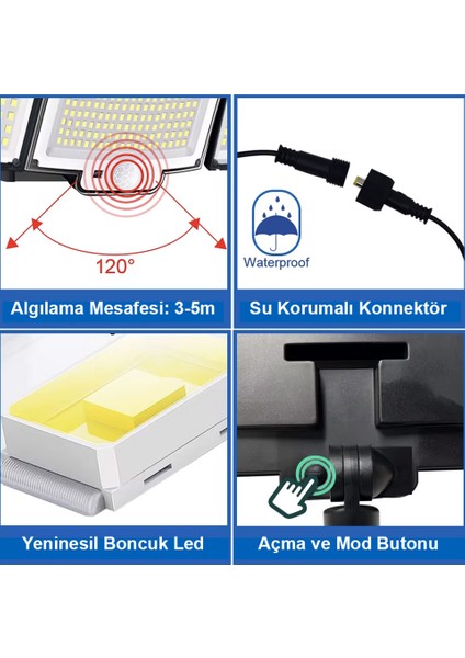 348 Ledli, Güneş Enerjili, Hareket Sensörlü, 3 Taraflı Aydınlatma / GT-SL30