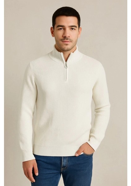Erkek Yarım Fermuarlı Triko Kazak – Selanik Örgü, Dik Yaka, Pamuklu Dokuma, Regular Fit Uzun Kollu Kışlık Model - Beyaz modelleri
