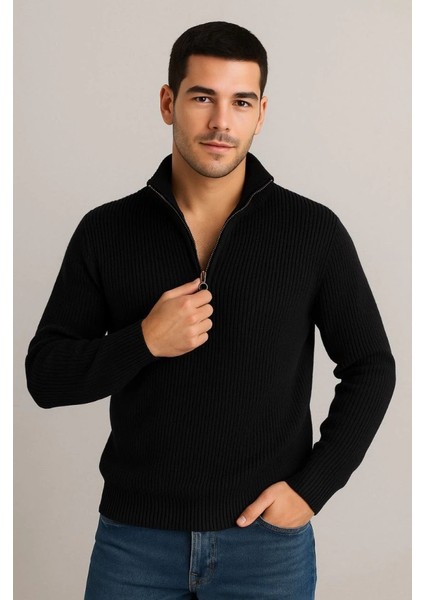 Erkek Yarım Fermuarlı Triko Kazak – Selanik Örgü, Dik Yaka, Pamuklu Dokuma, Regular Fit Uzun Kollu Kışlık Model - Siyah