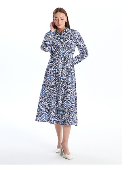 Yeni Sezon Desenli Uzun Kollu Kadın Gömlek Elbise