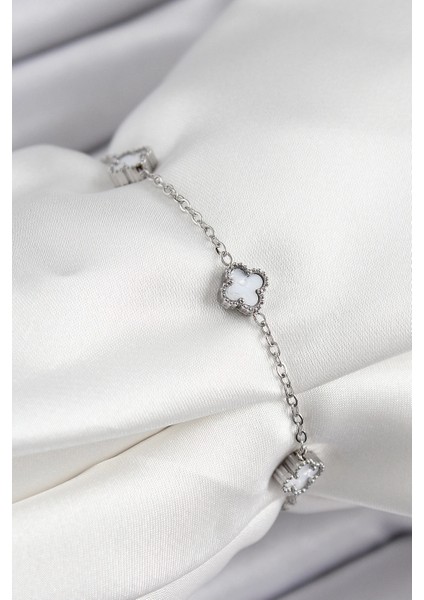 316L Çelik Beyaz Sedef Yonca Model Gümüş Renk Kadın Bileklik