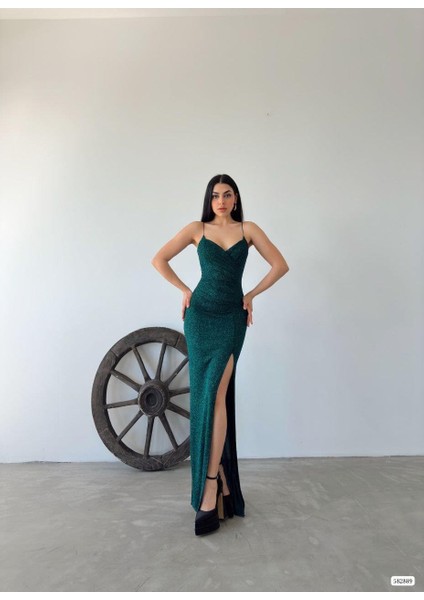 Kadın Fukuro Simli Askılı Abiye Zümrüt 582889